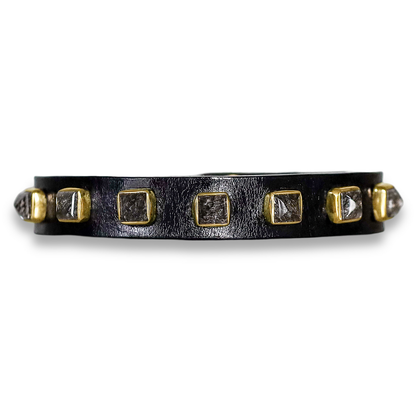 Black Leather Tourmalinated Quartz Snap Bracelet