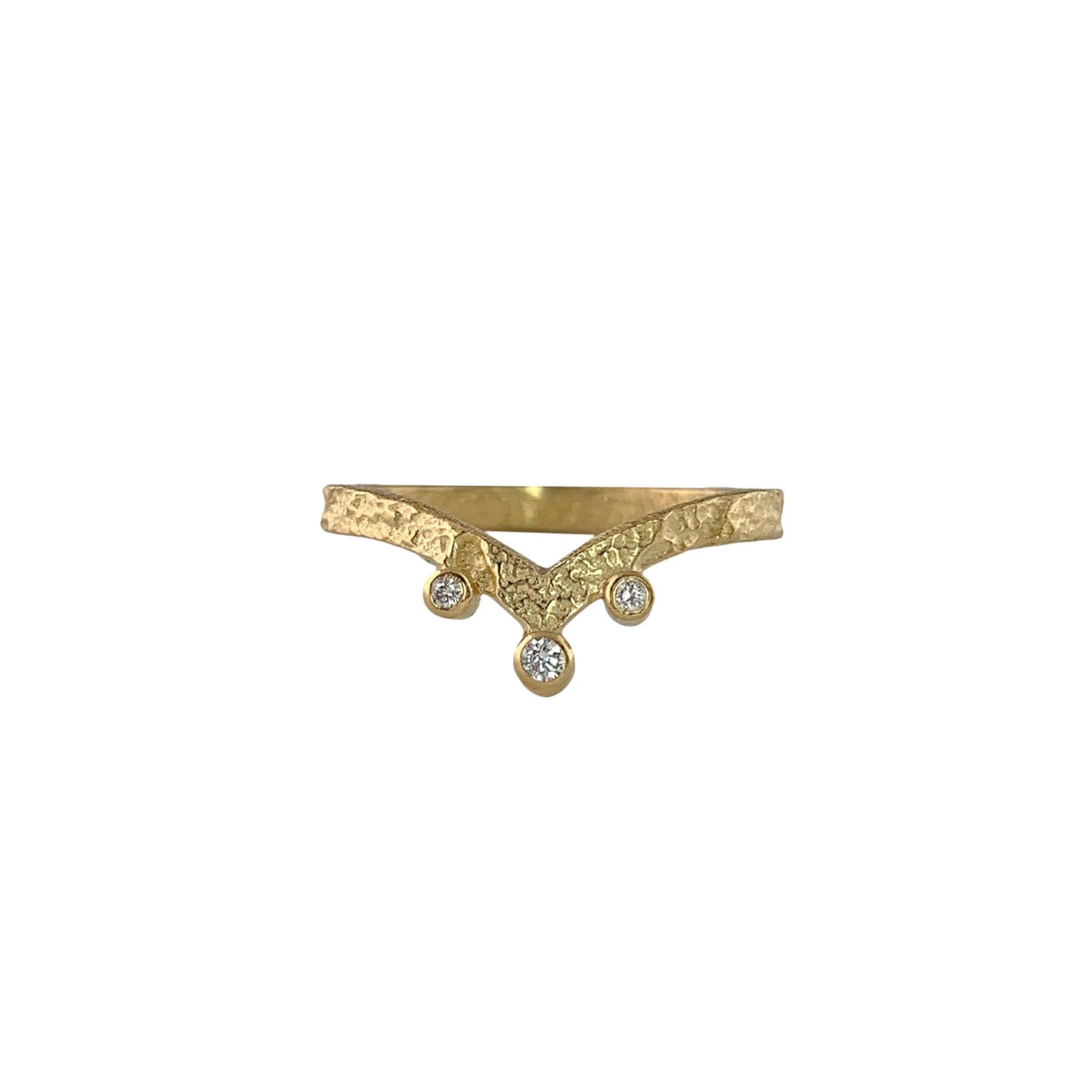 Front view of pounded texture gold ring that dips down to a V shape. Three gold-wrapped white diamonds accent the bottom and sides of the V.