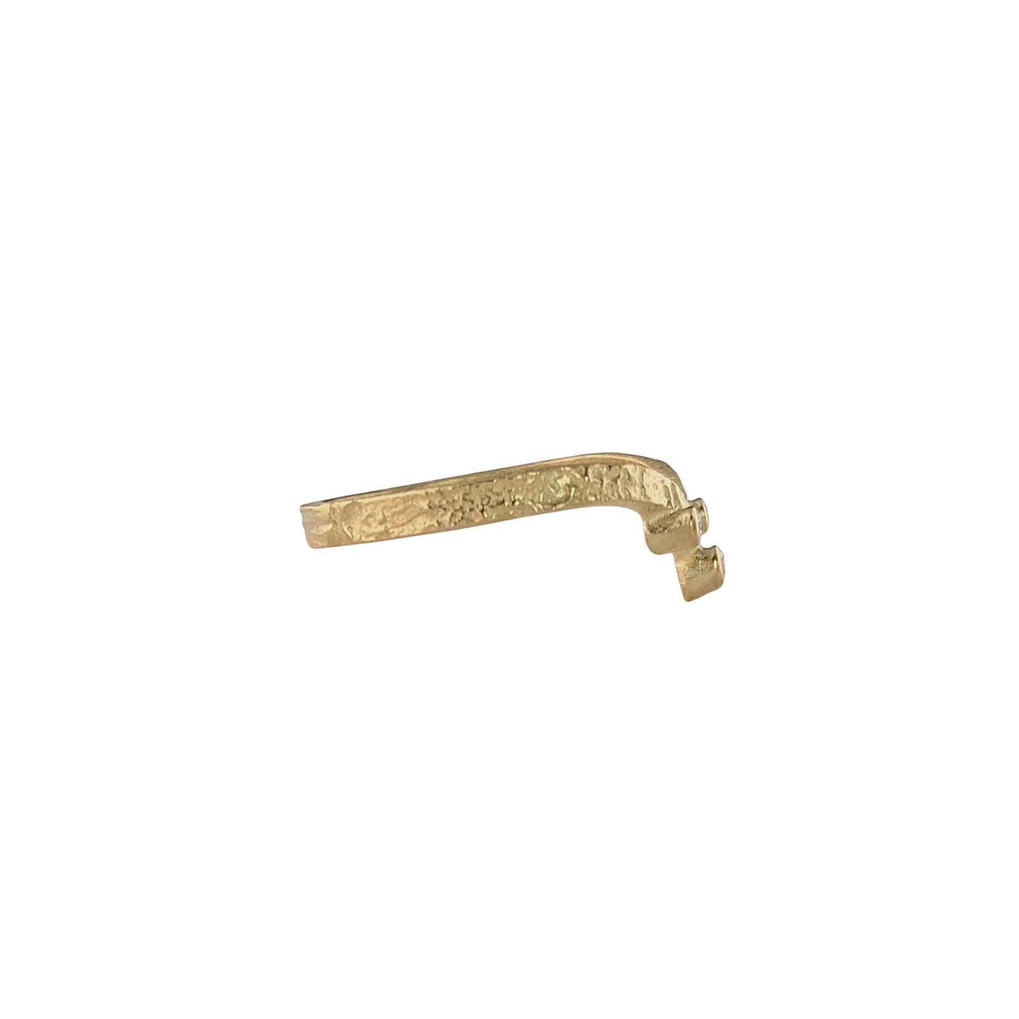 Side view of pounded texture gold ring whose V shape dips down on the right. The sides of the gold-rapped diamonds are attached to the V.