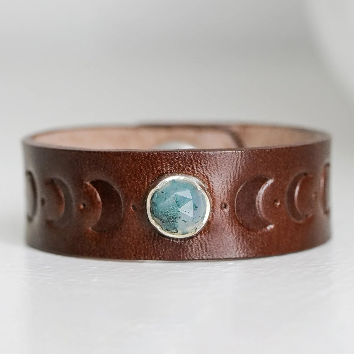 Brown Leather Snap Bracelet with Embossed Moonphases and Rosecut Moss Agate