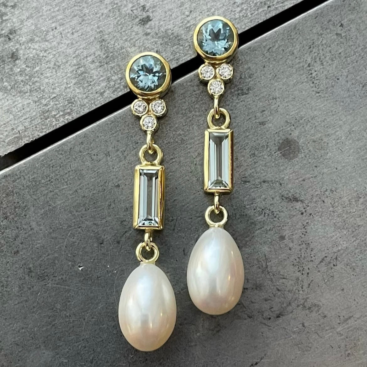 Aqua, Diamond and Pearl Earrings