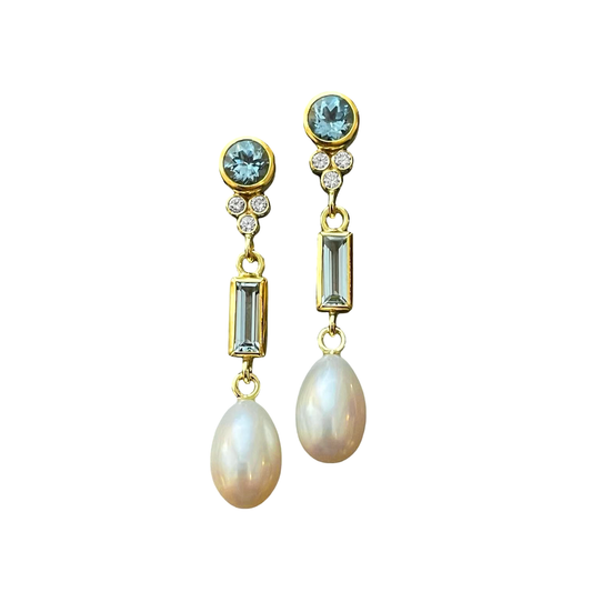 Aqua, Diamond and Pearl Earrings