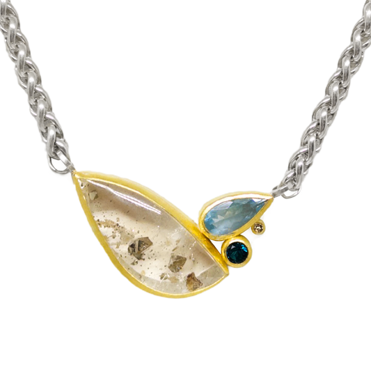 Pyrite Quartz, Aqua, Tourmaline & Diamond Necklace