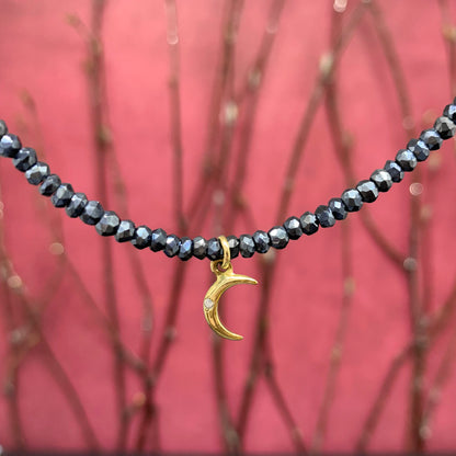 Spinel "Diamond Coated" Bead Moon Charm Necklace - Bronze