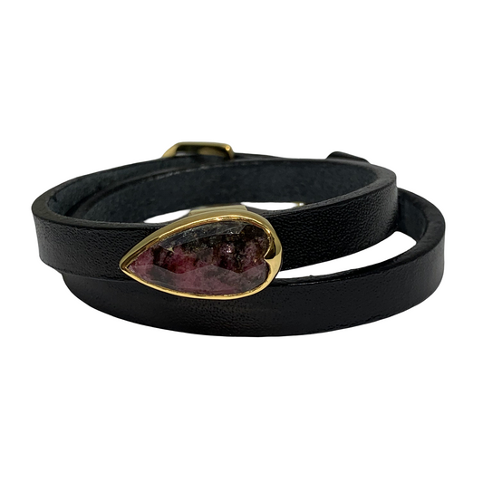 Black Leather Rhodonite Wrap Bracelet