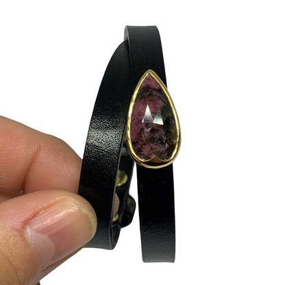 Black Leather Rhodonite Wrap Bracelet