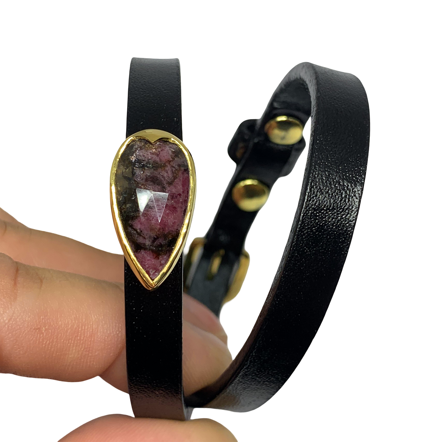 Black Leather Rhodonite Wrap Bracelet