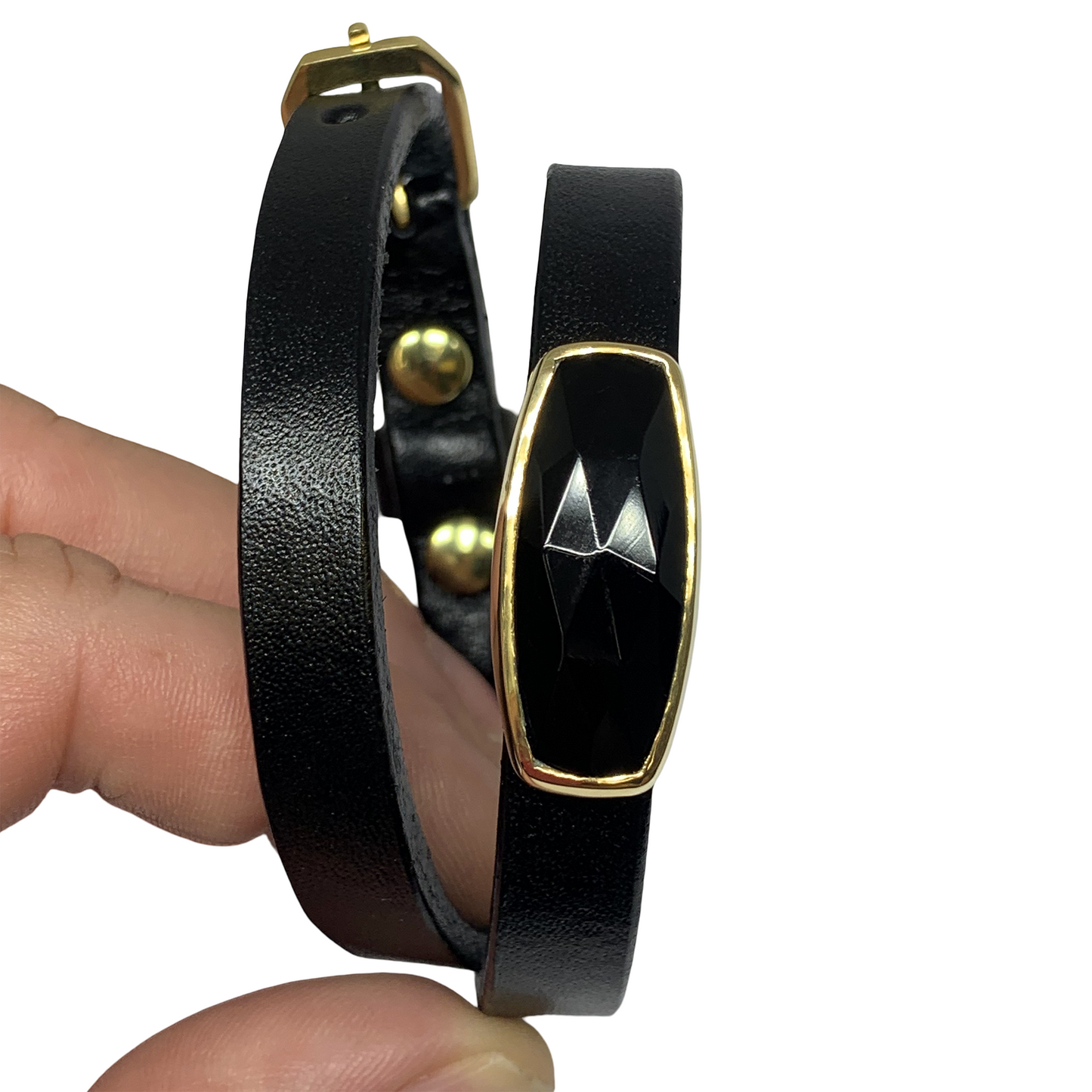 Black Leather Onyx Wrap Bracelet