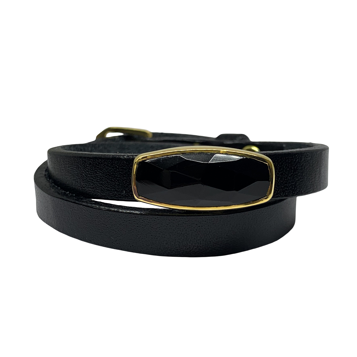 Black Leather Onyx Wrap Bracelet