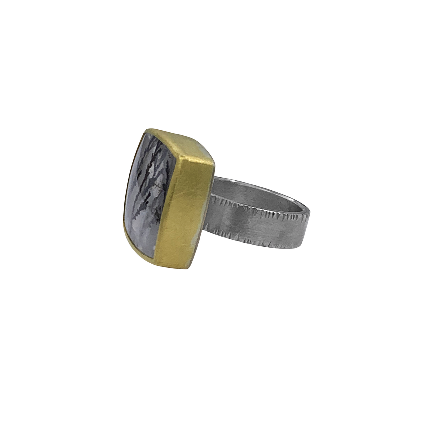 Dendritic Quartz cushion east west ring