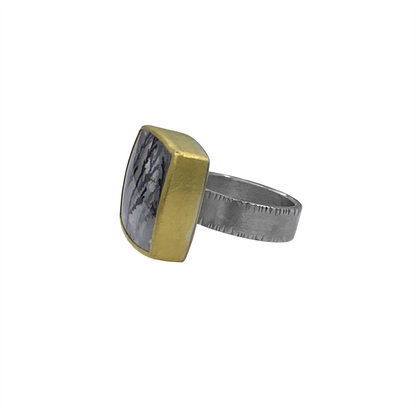 Dendritic Quartz cushion east west ring