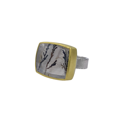 Dendritic Quartz cushion east west ring