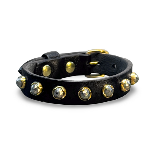 Black Leather Pyrite Buckle Bracelet