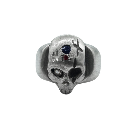 Skull Ring with Sapphire, Ruby, and Diamond