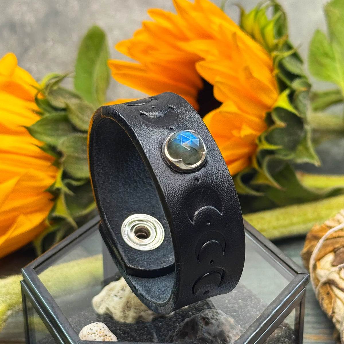 Black Leather Snap Bracelet with Embossed Moonphases and Rosecut Labradorite Regular price