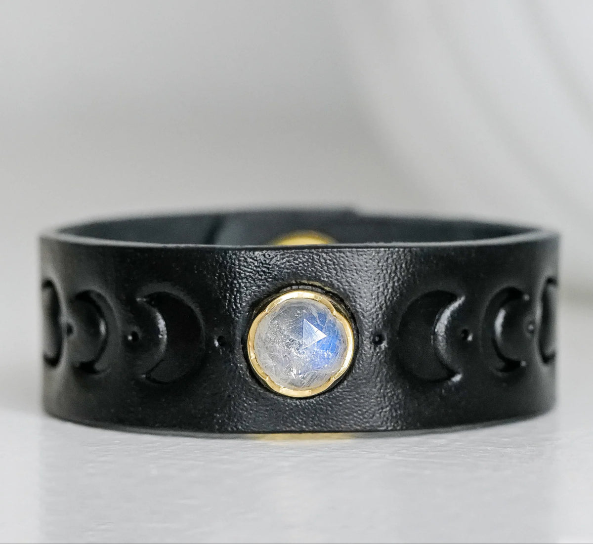 Black Leather Snap Bracelet with Embossed Moonphases and Rosecut Moonstone