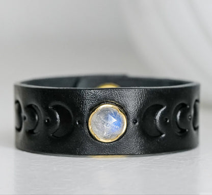 Black Leather Snap Bracelet with Embossed Moonphases and Rosecut Moonstone