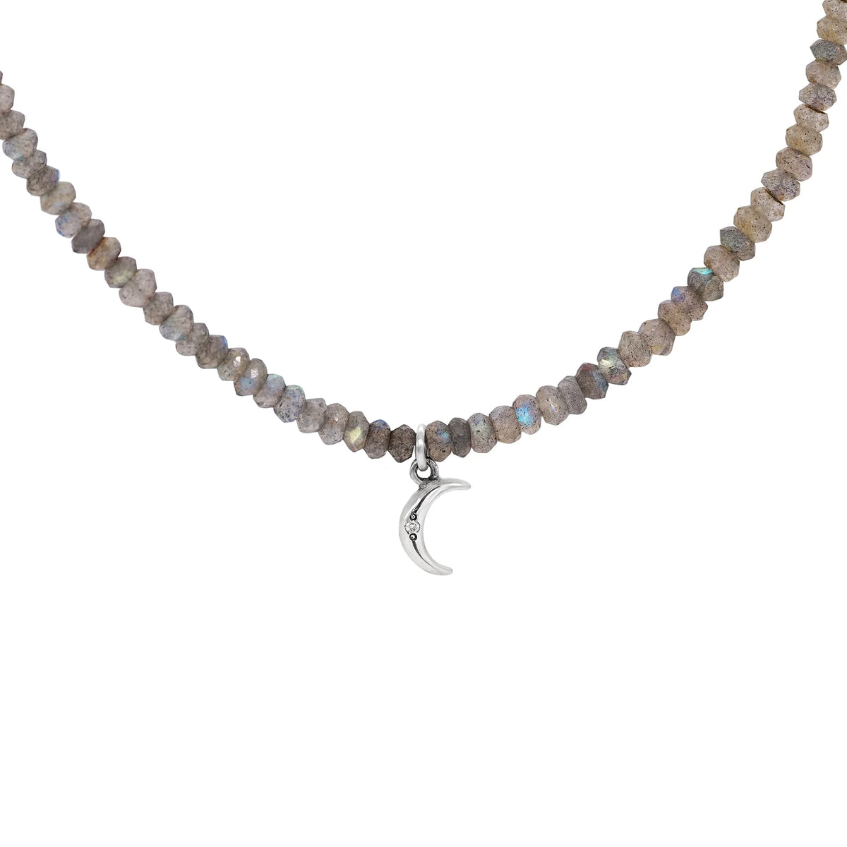 Labradorite Beaded Moon Charm Necklace - Silver