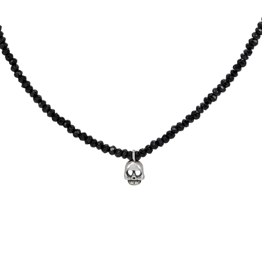 Black Spinel Beaded Skull Charm Necklace - Silver