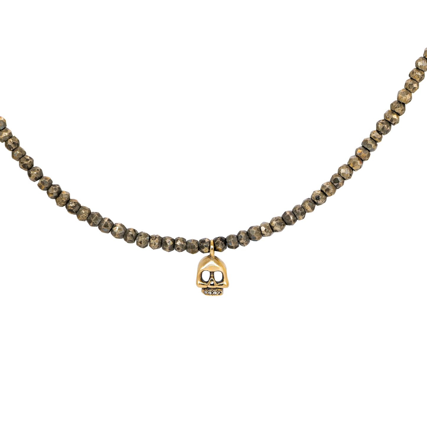 Pyrite Bead Skull Charm Necklace - Bronze