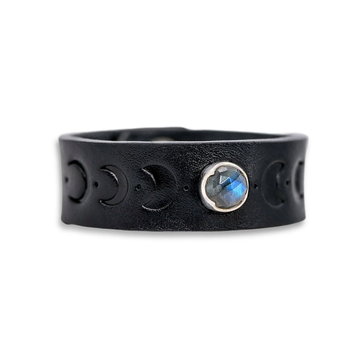 Black Leather Snap Bracelet with Embossed Moonphases and Rosecut Labradorite Regular price