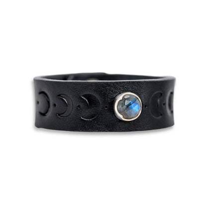 Black Leather Snap Bracelet with Embossed Moonphases and Rosecut Labradorite Regular price