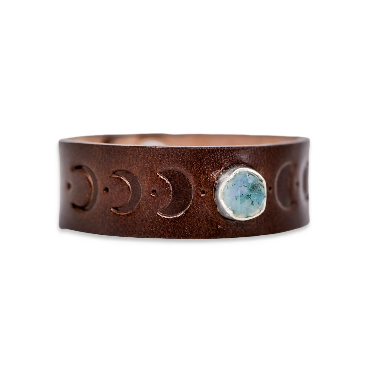 Brown Leather Snap Bracelet with Embossed Moonphases and Rosecut Moss Agate