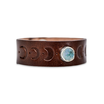 Brown Leather Snap Bracelet with Embossed Moonphases and Rosecut Moss Agate