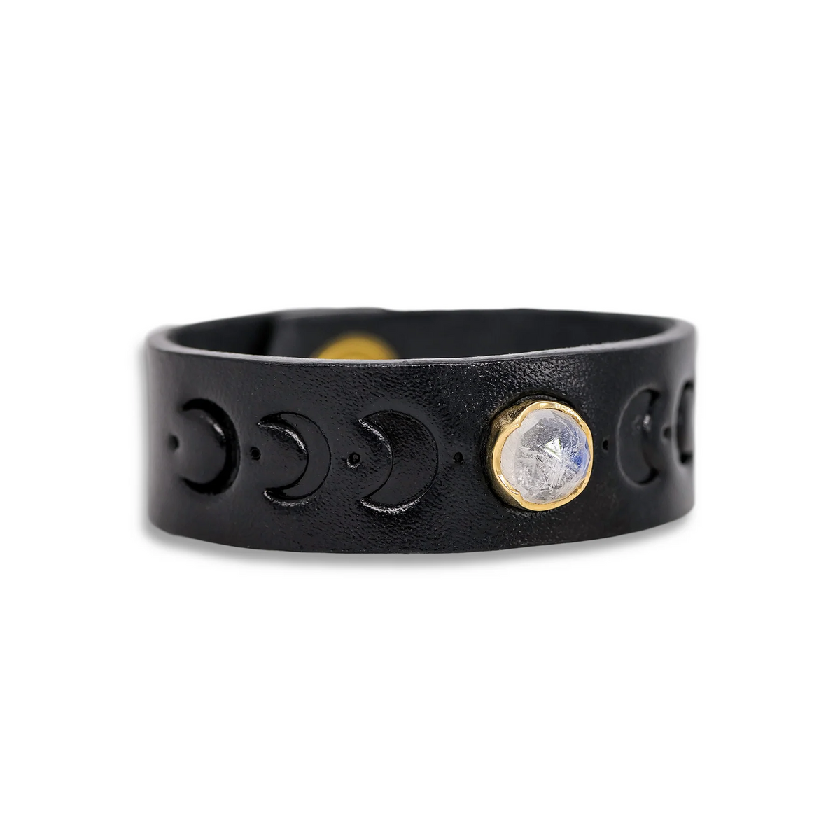 Black Leather Snap Bracelet with Embossed Moonphases and Rosecut Moonstone