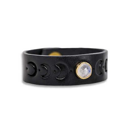 Black Leather Snap Bracelet with Embossed Moonphases and Rosecut Moonstone