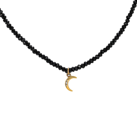 Black Spinel Beaded Moon Charm Necklace - Bronze